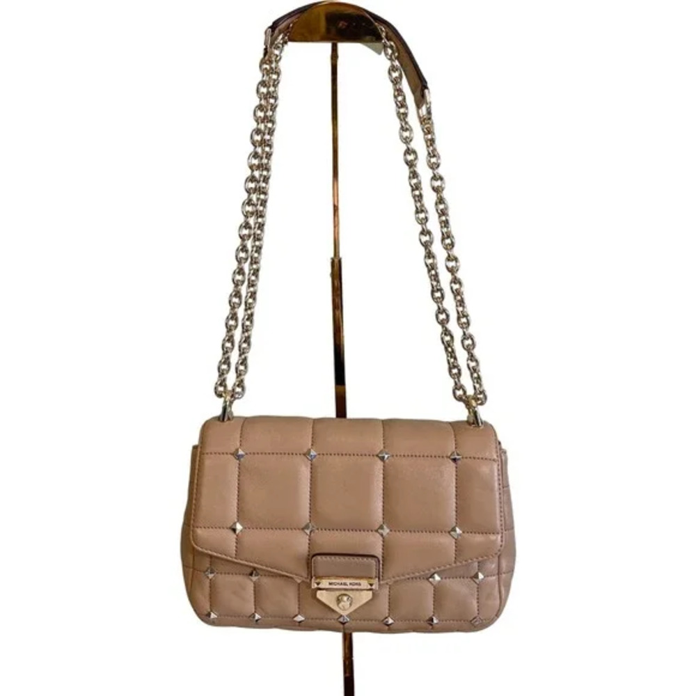 Michael Kors Women's Tan Leather SoHo Chain Quilted Shoulder Crossbody Sling Bag